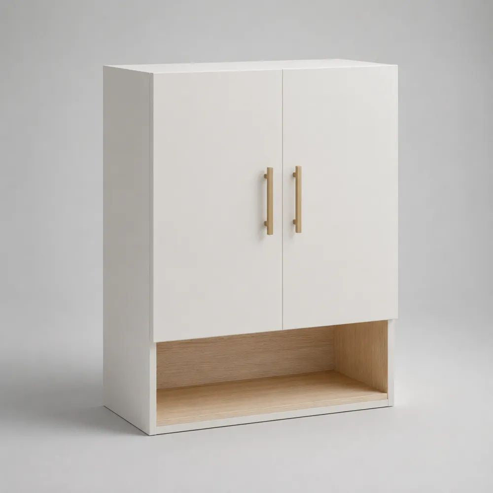 Armadio basso rettangolare in legno a 2 ante, bianco e rovere naturale con maniglie dorate, 80 x 40 x 100 cm