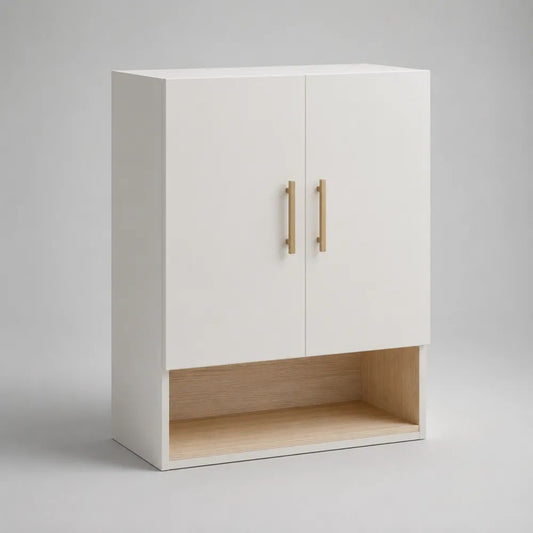 Armadio basso rettangolare in legno a 2 ante, bianco e rovere naturale con maniglie dorate, 80 x 40 x 100 cm