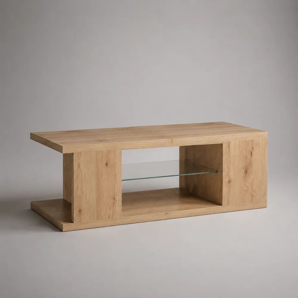 Mobile porta TV basso in pannello truciolare melaminico con ripiano in vetro, rovere naturale, 120 x 40 x 50 cm