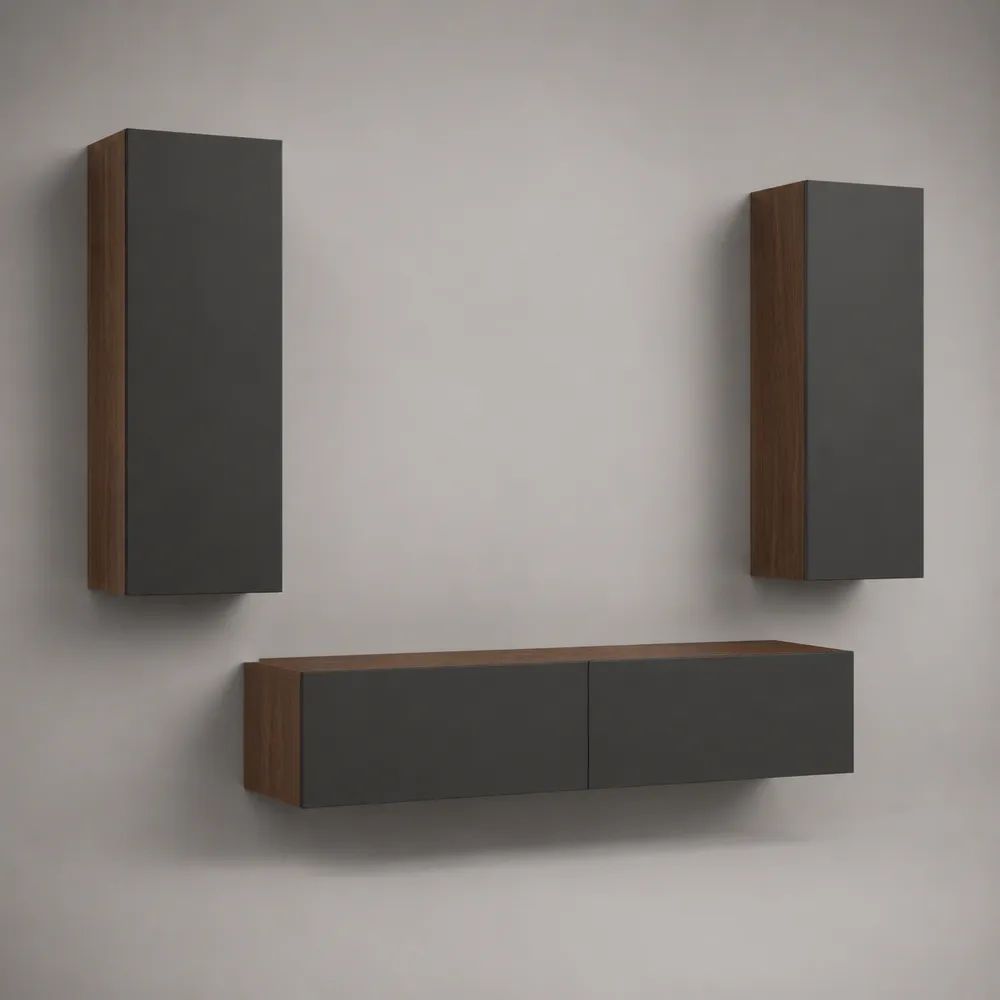Mobile TV sospeso in legno con 2 pensili, composizione da 3 pezzi, antracite e noce, mobile 120 × 35 × 30 cm, pensili 35 × 30 × 80 cm