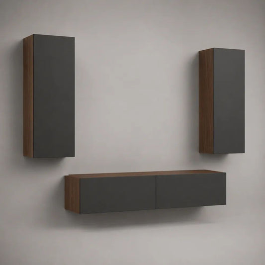 Mobile TV sospeso in legno con 2 pensili, composizione da 3 pezzi, antracite e noce, mobile 120 × 35 × 30 cm, pensili 35 × 30 × 80 cm