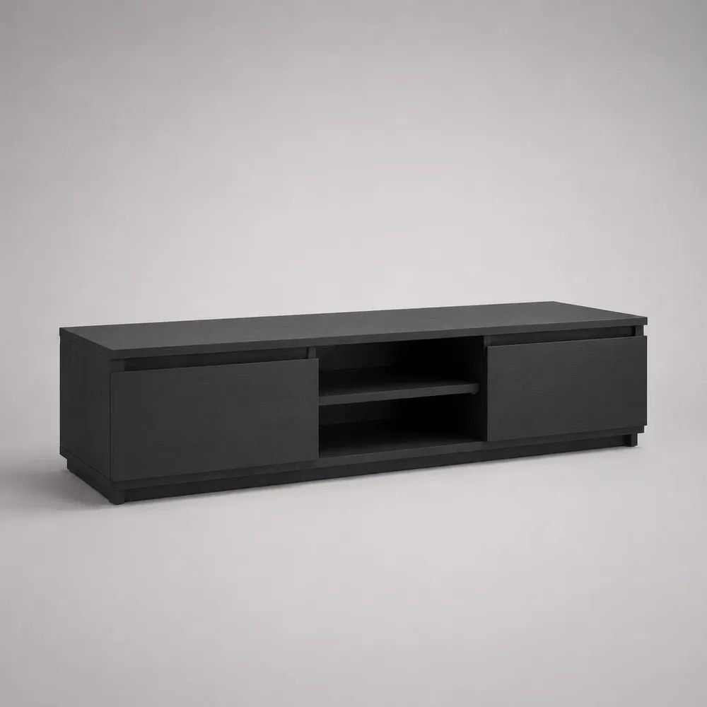 Mobile TV basso in truciolato nero con 2 ante scorrevoli e vano centrale, 160 x 40 x 50 cm