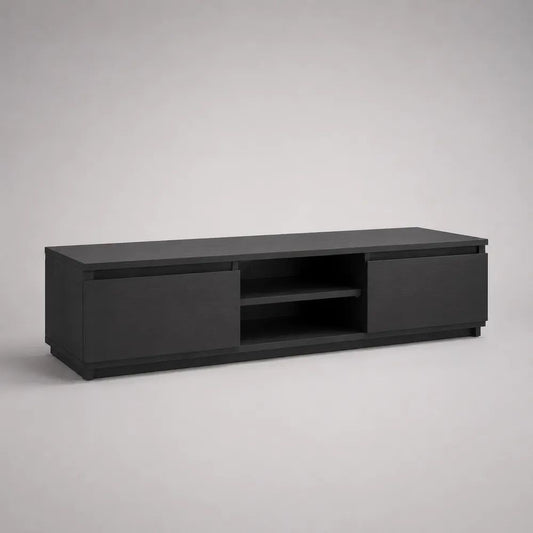 Mobile TV basso in truciolato nero con 2 ante scorrevoli e vano centrale, 160 x 40 x 50 cm