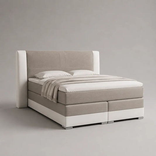 Letto matrimoniale imbottito con rete integrata in legno, tessuto e pelle sintetica, 200 x 215 x 125 cm, per materasso 180 x 200 cm, beige e bianco