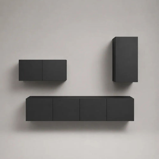 Set mobile TV sospeso 3 pezzi in truciolare melaminico grigio antracite, 240 x 40 x 40 cm, 90 x 35 x 40 cm e 45 x 35 x 90 cm