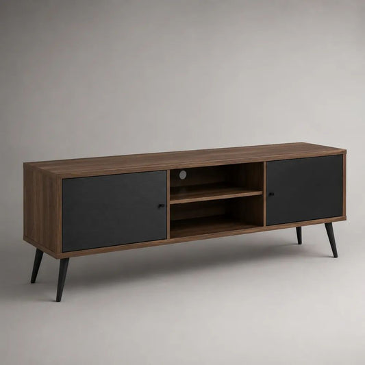 Mobile porta TV rettangolare in legno e metallo con 2 ante, 2 vani aperti e passacavi, marrone noce e nero, 150 x 40 x 60 cm