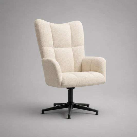 Poltrona girevole 360° con schienale alto, rivestimento in tessuto bouclé bianco crema e base in metallo nero, 75 × 78 × 105 cm