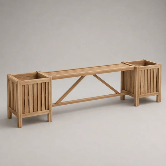 Panca rettangolare da esterno in legno massello con 2 fioriere laterali, marrone chiaro, 190 x 40 x 50 cm