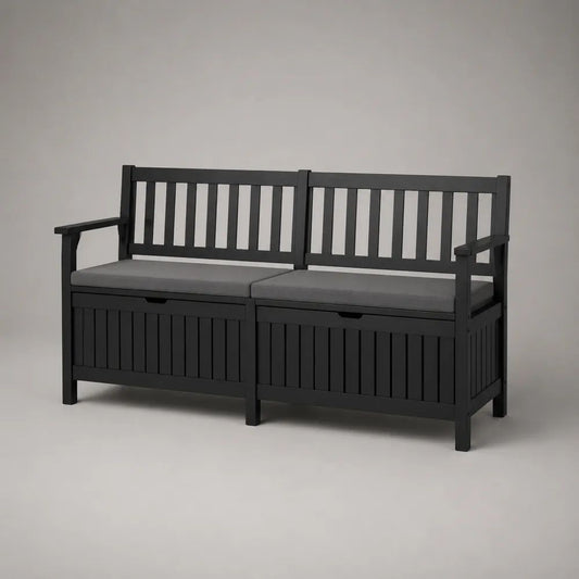 Panca da esterno a 2 posti in legno massello di acacia nero con doppio contenitore e cuscini grigi, 150 x 60 x 90 cm