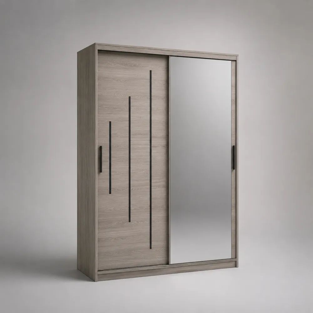 Armadio guardaroba in legno a 2 ante scorrevoli con specchio, rovere grigio, 120 x 60 x 200 cm