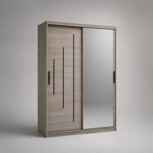 Armadio guardaroba in legno a 2 ante scorrevoli con specchio, rovere grigio, 120 x 60 x 200 cm