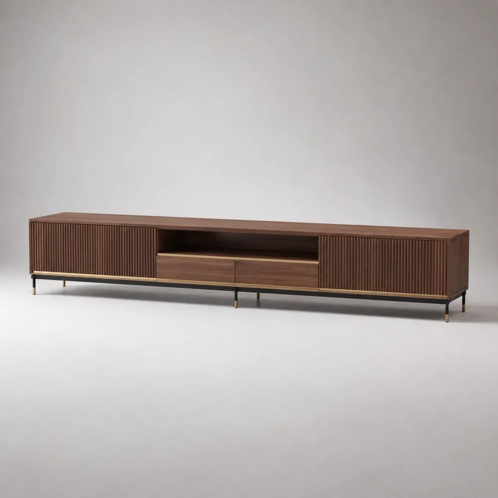 Mobile TV basso in legno e metallo con ante scanalate, vano aperto e 2 cassetti, 220 x 42 x 55 cm, marrone noce/nero/ottone