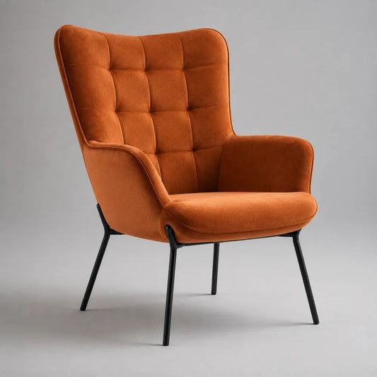 Poltrona relax arancione bruciato in velluto con schienale alto trapuntato e gambe in acciaio, 75 x 82 x 96 cm