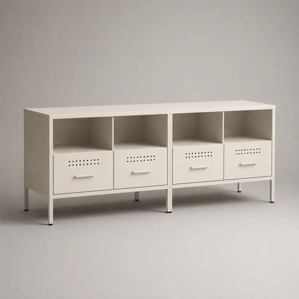 Set di 2 mobili porta TV rettangolari in acciaio bianco con 4 ante e 4 vani aperti, 160 x 40 x 75 cm