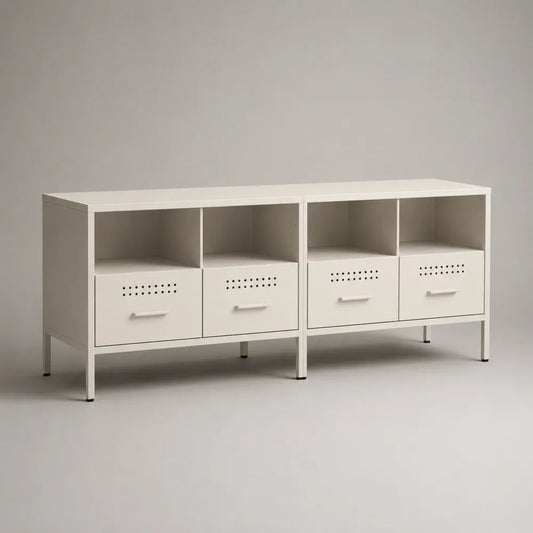 Set di 2 mobili porta TV rettangolari in acciaio bianco con 4 ante e 4 vani aperti, 160 x 40 x 75 cm