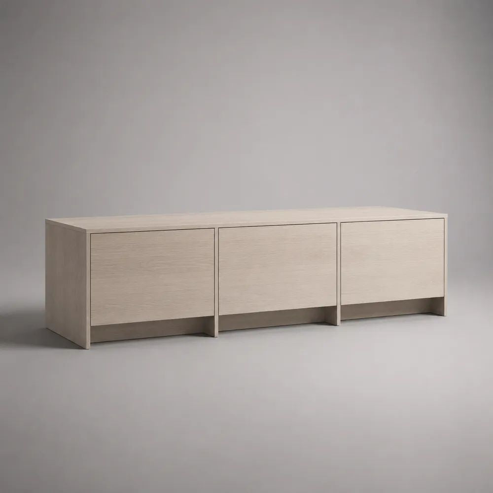 Mobile TV basso rettangolare a 3 ante in MDF impiallacciato frassino beige chiaro, 180 x 40 x 60 cm