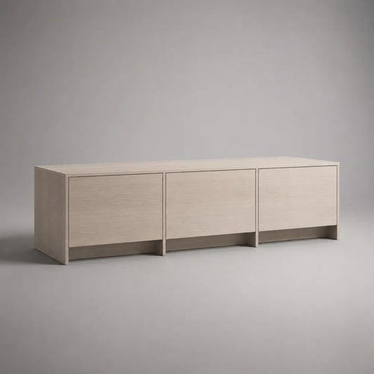 Mobile TV basso rettangolare a 3 ante in MDF impiallacciato frassino beige chiaro, 180 x 40 x 60 cm