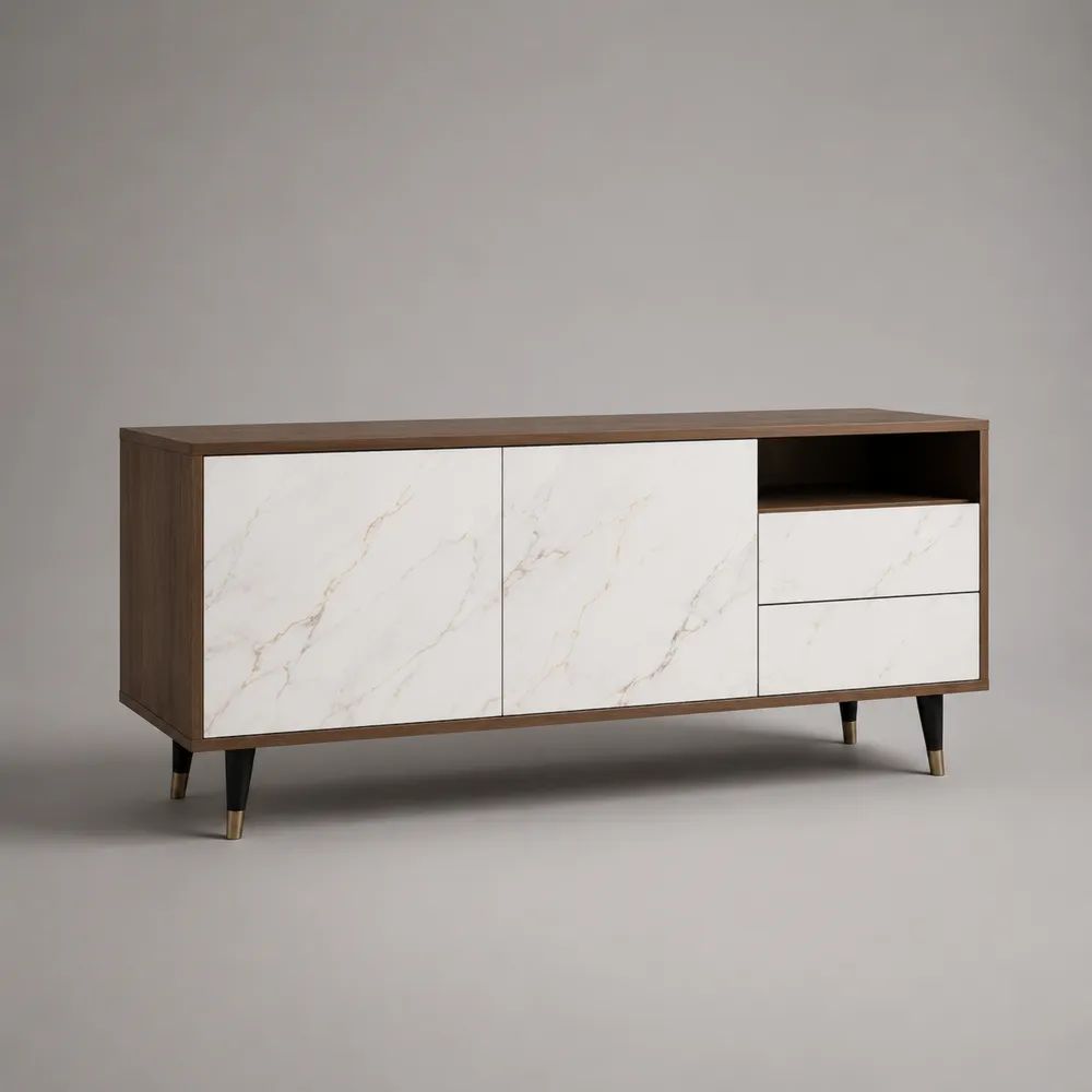 Mobile TV rettangolare in MDF e truciolare effetto noce con frontali effetto marmo bianco, 160 x 40 x 75 cm