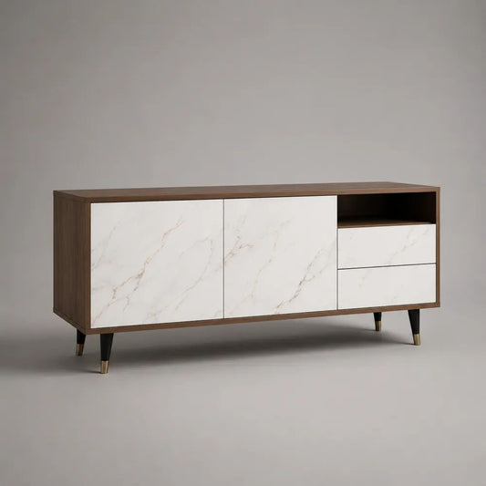 Mobile TV rettangolare in MDF e truciolare effetto noce con frontali effetto marmo bianco, 160 x 40 x 75 cm