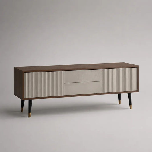 Mobile TV rettangolare in MDF impiallacciato noce con 2 ante scanalate e 2 cassetti beige, 160 × 40 × 70 cm