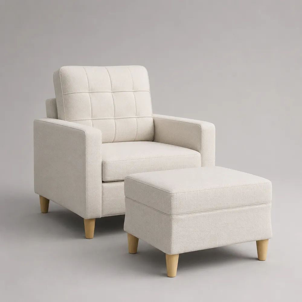 Set da 2 pezzi con poltrona imbottita e poggiapiedi in tessuto avorio e legno, 76 × 82 × 91 cm e 60 × 48 × 40 cm